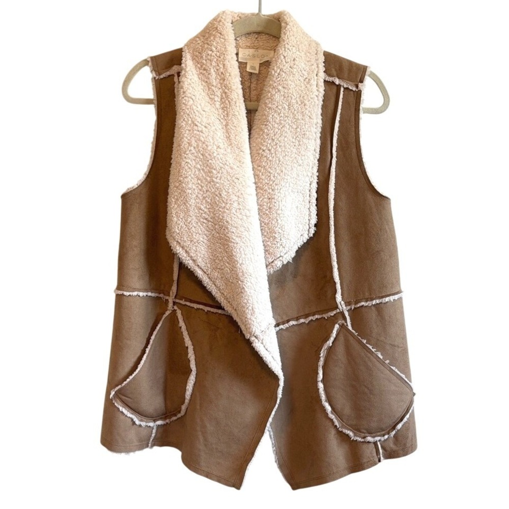 Caslon Faux Shearling Suede Vest Tan Cream Size L